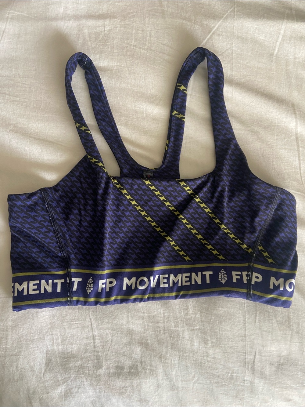Free People FP Movement Blue Gold Black Geometric Racerback Sports Bra L GUC